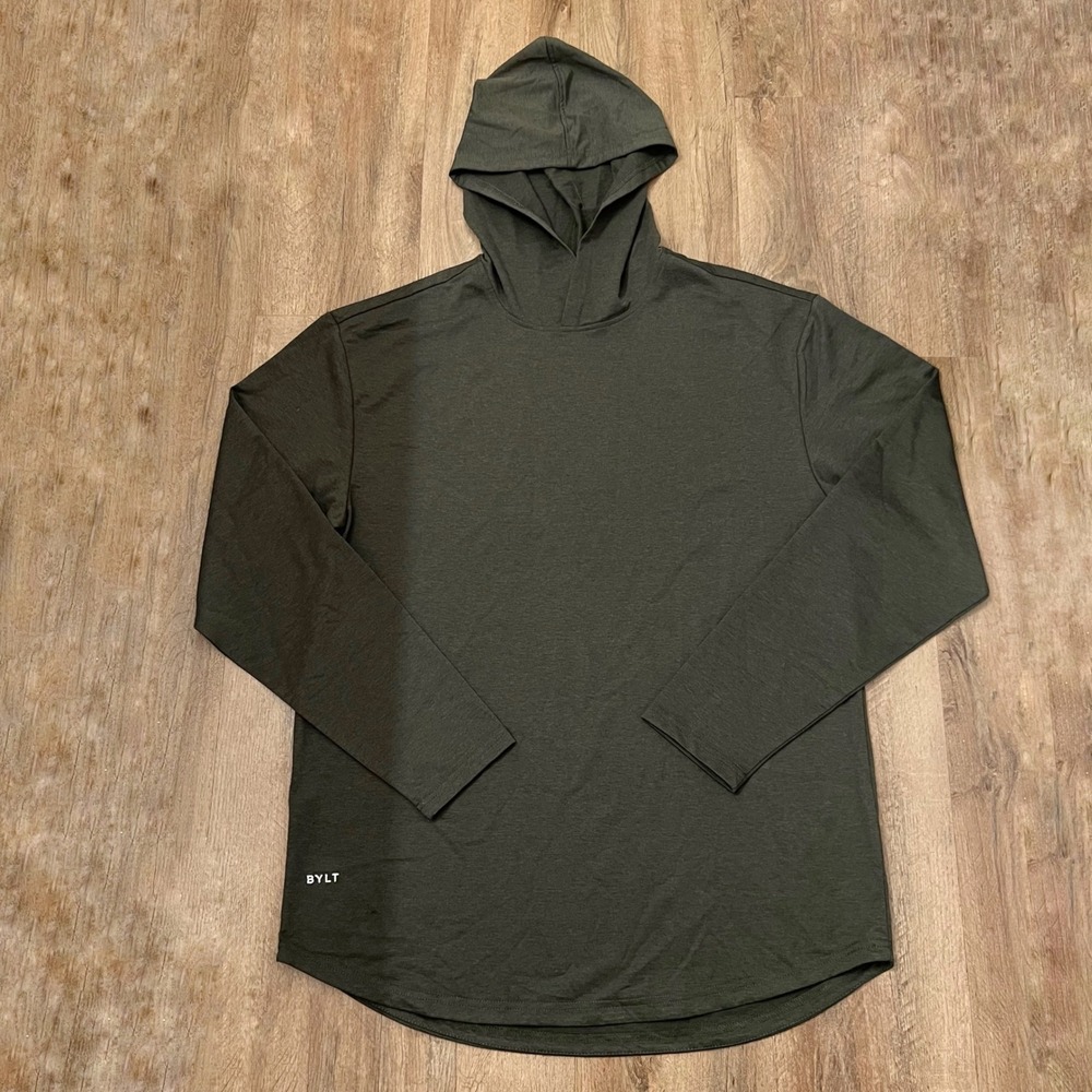 BYLT Basics Signature Hoodie Mens XL Dark Olive Green Curved Hem Shirt
